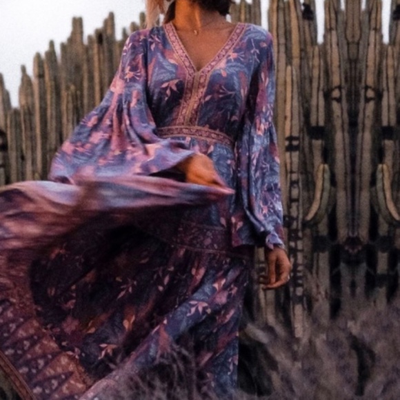 075 Boho Purple Floral Print V neck Cottagecore Dress - Picture 9 of 14